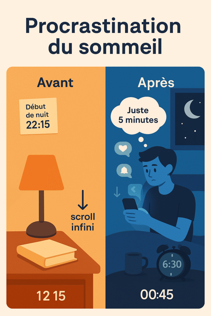 Personne au lit, smartphone lumineux à la main, horloge affichant tard dans la nuit : retarder l’heure du coucher à cause des écrans.