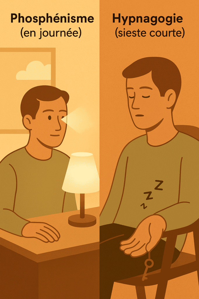 Illustration en deux volets : à gauche, phosphénisme en journée face à une lampe chaude ; à droite, hypnagogie avec micro-sieste où une clé tombe de la main pour capter les idées.