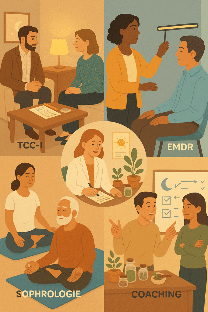 Cinq scènes humaines des thérapies du sommeil : TCC-I, EMDR, sophrologie, naturopathie et coaching, pour choisir l’accompagnement adapté.