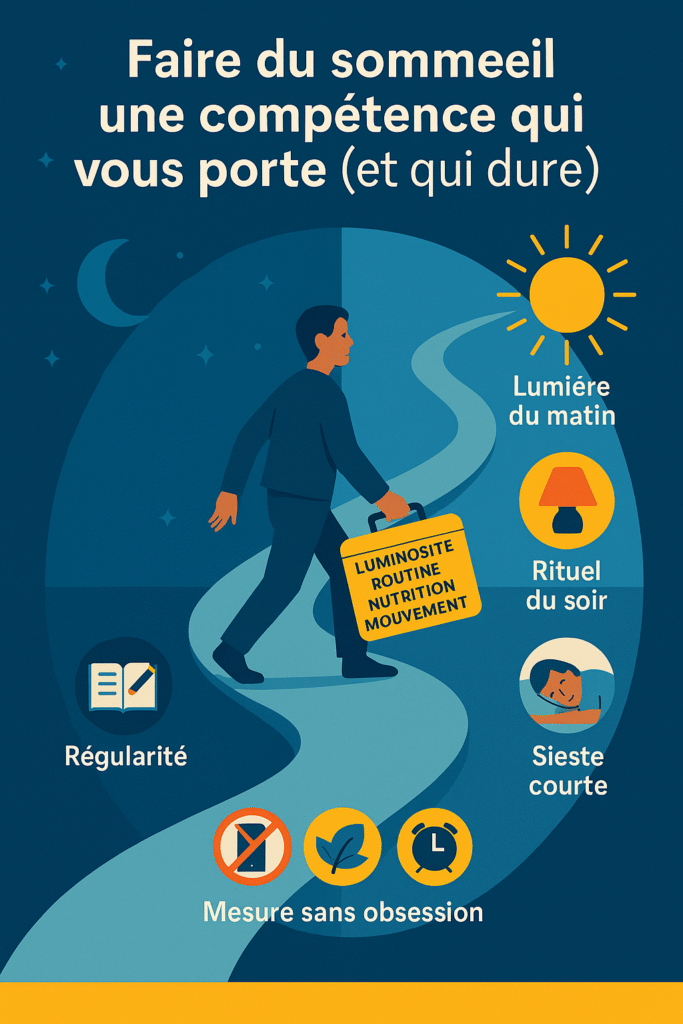 Infographie : “Faire du sommeil une compétence qui vous porte” — lumière du matin, rituel du soir, horaires réguliers sur 30 jours.
