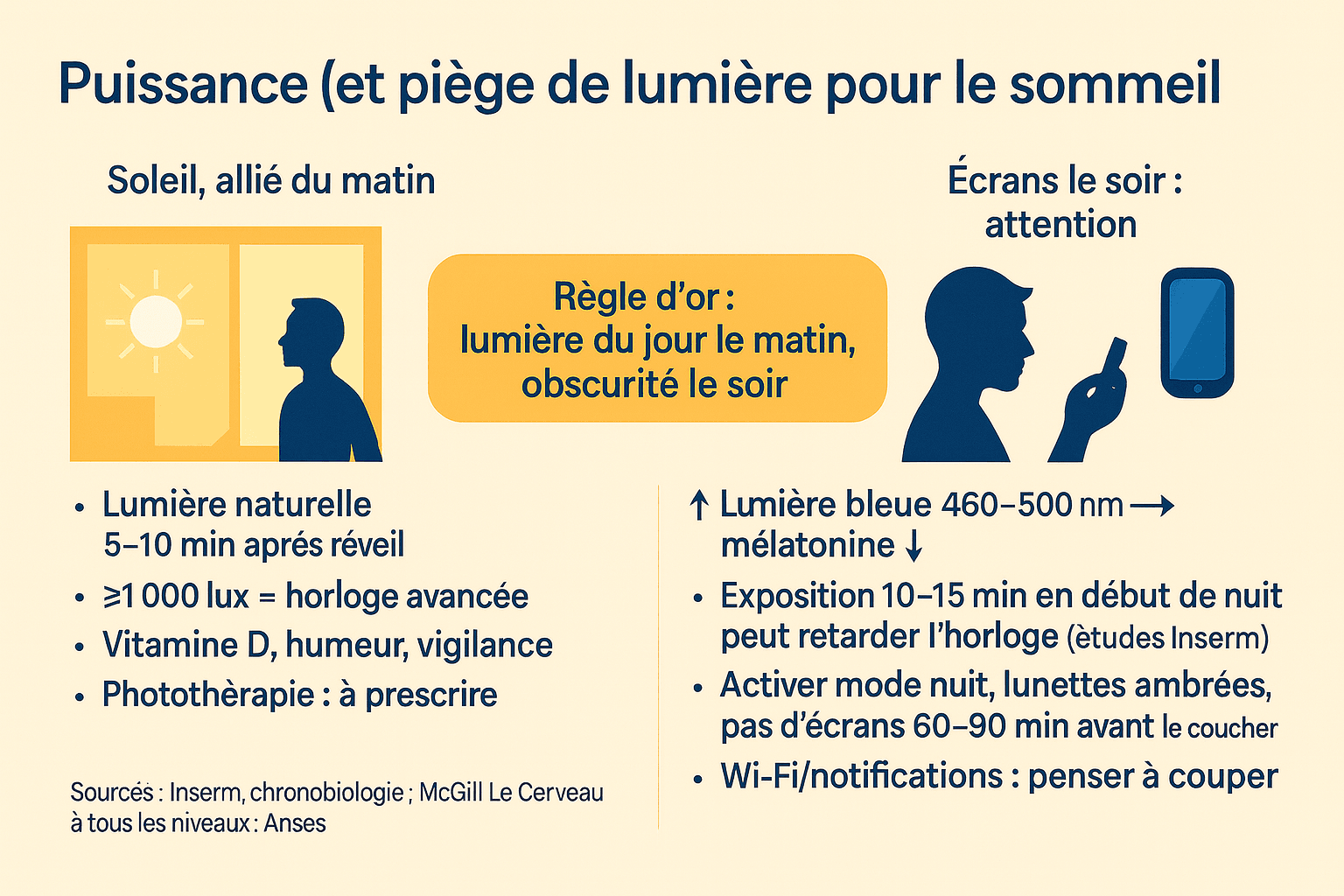 Infographie en français : “Puissance (et piège) de la lumière pour le sommeil”. À gauche, soleil et exposition matinale qui synchronisent l’horloge biologique ; à droite, écrans et lumière bleue du soir (460–500 nm) qui retardent la mélatonine, avec conseils pratiques.