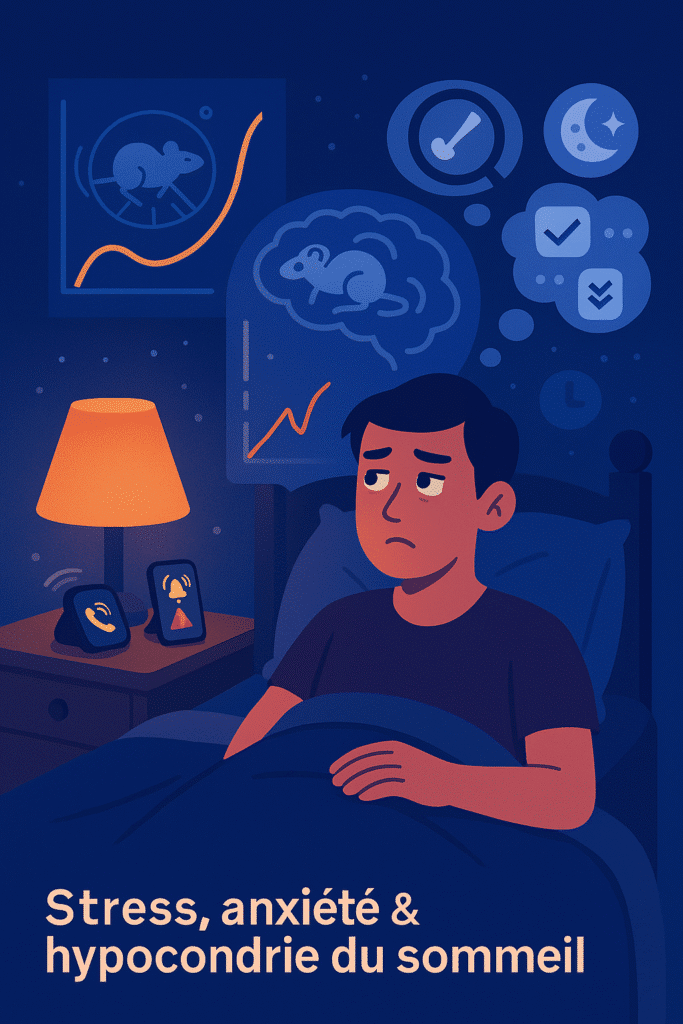Illustration : cerveau en roue de hamster, notifications smartphone et montre traqueuse empêchant un dormeur anxieux de s’endormir.