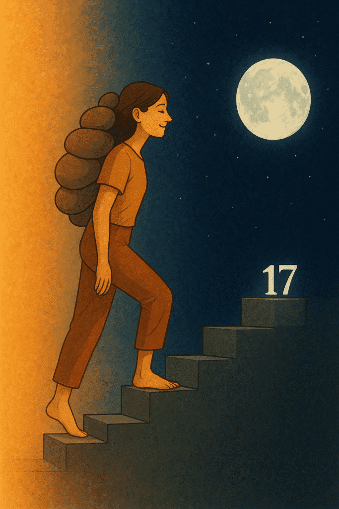 Femme gravissant des marches vers 17, chargée de pierres symbolisant la pression homéostatique d’adénosine du jour à la nuit