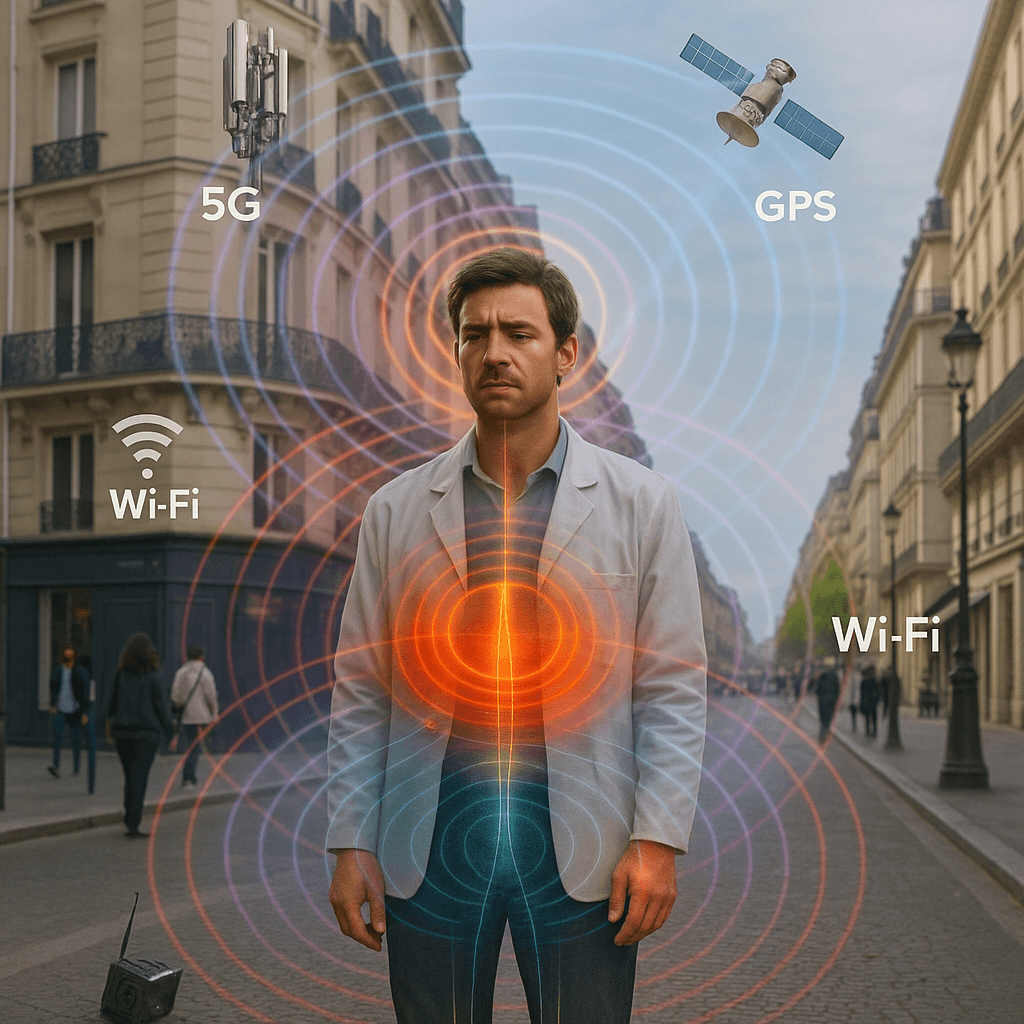 Médecin entouré d’ondes électromagnétiques stylisées (smartphone, Wi-Fi, écrans), expression tendue.