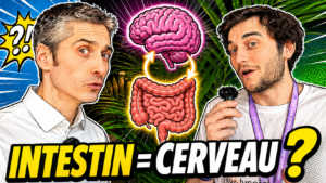 Vignette BD montrant Xavier Foucher et Nicholas de SYMP avec un cerveau relié à un intestin, pour illustrer le lien entre axe cerveau-intestin, microbiote, stress et troubles digestifs persistants.