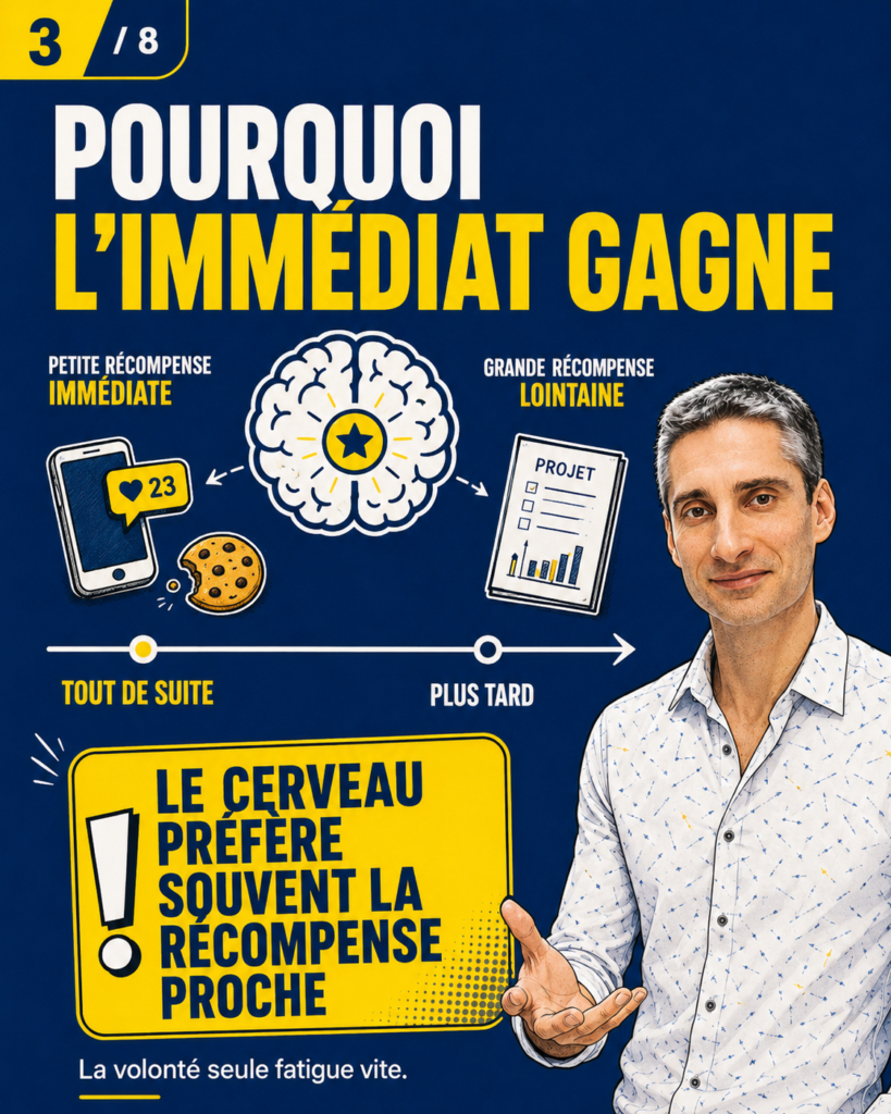 BD expliquant pourquoi la récompense immédiate gagne souvent face à la récompense future, avec un cerveau, un smartphone et un objectif à long terme.
