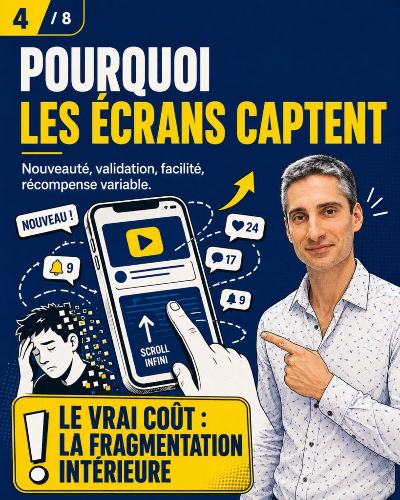 BD montrant un smartphone avec des notifications, de la nouveauté, de la récompense variable et de la validation sociale, expliquant pourquoi les écrans captent le désir et favorisent la procrastination.