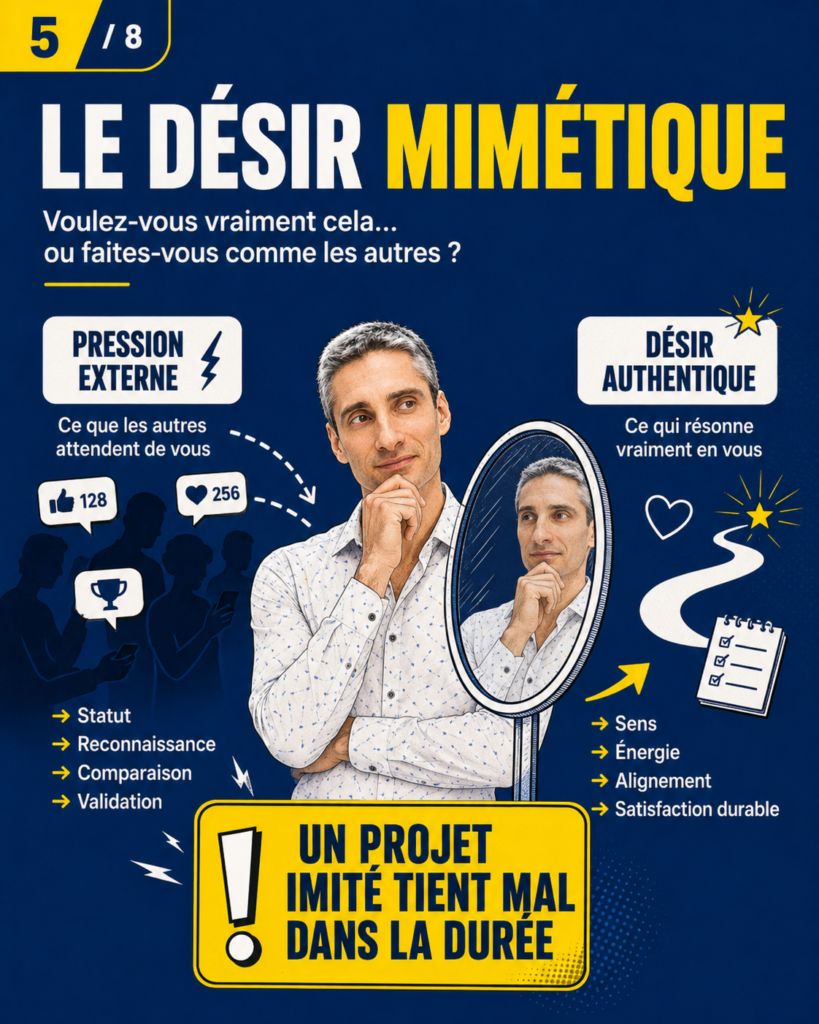 BD montrant Xavier Foucher face à un miroir et à des silhouettes sociales, illustrant le désir mimétique et le risque de poursuivre des objectifs qui ne sont pas vraiment les siens.