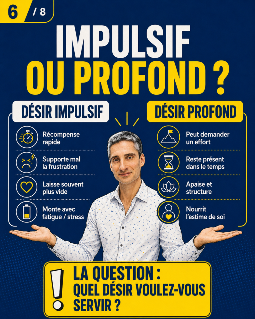 BD comparant le désir impulsif et le désir profond, avec deux colonnes montrant la récompense rapide, la frustration difficile, la paix intérieure, la cohérence et la durée.