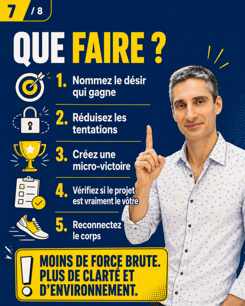 BD montrant Xavier Foucher présentant une méthode en plusieurs étapes pour transformer le désir en action durable : clarifier la compétition intérieure, réduire les distractions, reconnecter le corps et rendre le futur plus concret.