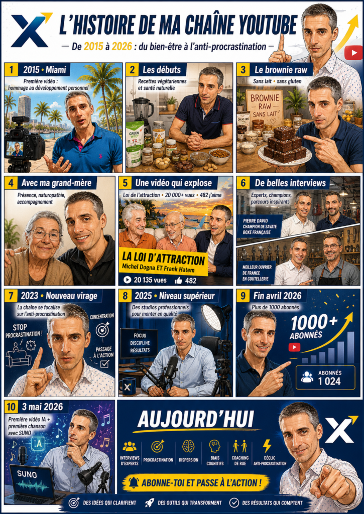 BD retraçant l’évolution de la chaîne YouTube de Xavier Foucher, des premières vidéos de développement personnel, cuisine végétarienne et naturopathie jusqu’au positionnement Coach Anti-Procrastination, avec interviews d’experts, studios professionnels, IA, SUNO et appel à passer à l’action.