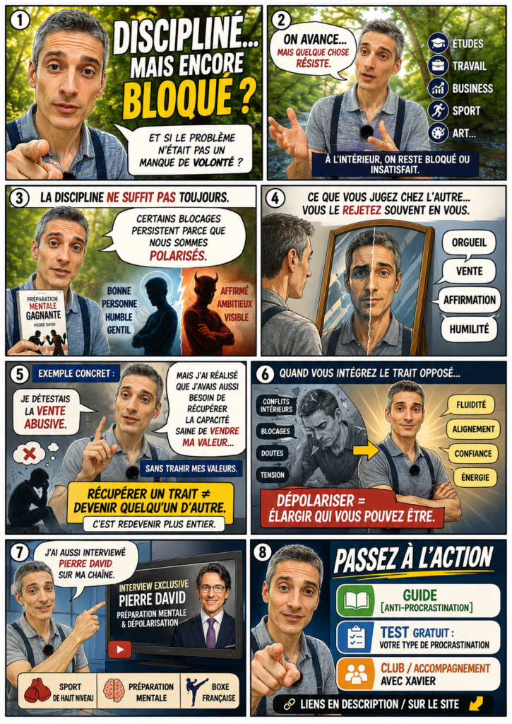 BD montrant Xavier Foucher expliquant la dépolarisation, une méthode inspirée de la préparation mentale pour comprendre les blocages intérieurs, dépasser les conflits entre humilité, affirmation, vente, ambition et retrouver plus d’unité pour passer à l’action.