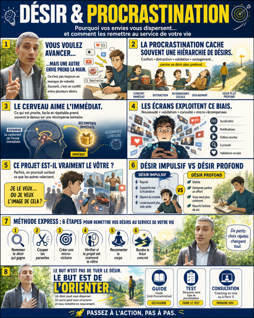 BD illustrant le lien entre désir et procrastination, avec Xavier Foucher expliquant comment les envies immédiates, les écrans, la dopamine et la recherche de récompense peuvent disperser l’attention et freiner le passage à l’action.