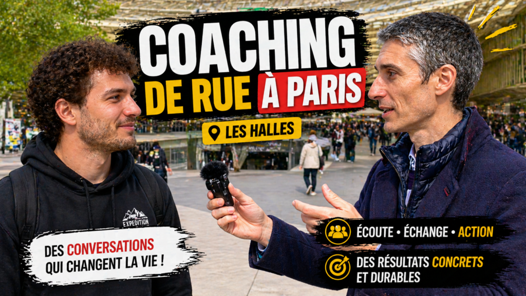 Xavier Foucher en coaching de rue à Paris dans la bande-annonce de sa chaîne YouTube Coach Anti-Procrastination, dans un échange humain, spontané et concret sur le passage à l’action.
