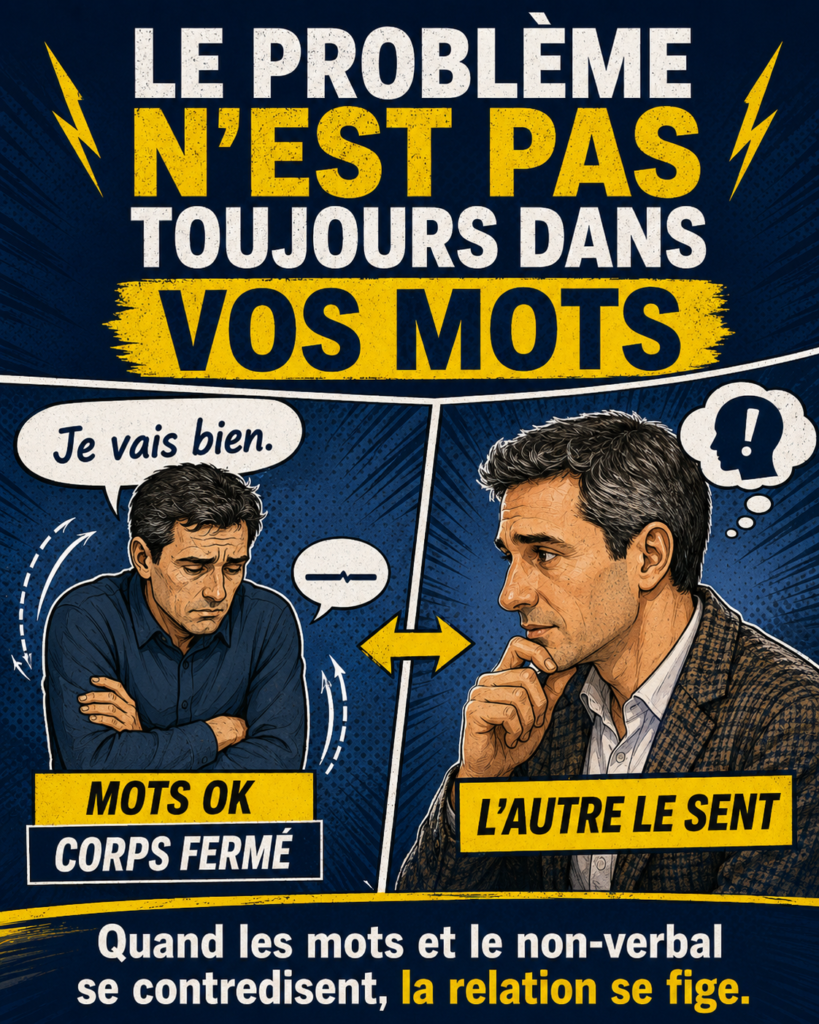BD montrant Xavier Foucher expliquant que le problème dans une interaction ne vient pas toujours des mots, mais aussi de la posture, du regard, de la voix, de la tension corporelle et de l’état intérieur.
