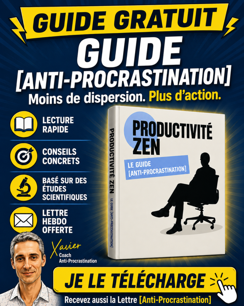 Couverture 3D du guide gratuit Productivité Zen de Xavier Foucher, un guide anti-procrastination basé sur la science pour diminuer la dispersion, renforcer la motivation et passer à l’action.