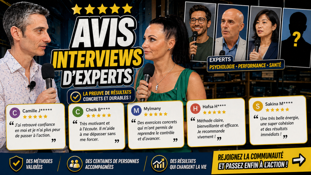 Xavier Foucher en échange avec des experts dans la bande-annonce de sa chaîne YouTube Coach Anti-Procrastination, pour apporter des éclairages sur les blocages, le passage à l’action et le développement personnel.