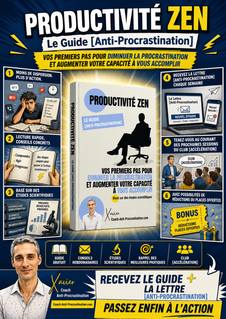 Couverture 3D du guide gratuit Productivité Zen de Xavier Foucher, un guide anti-procrastination basé sur la science pour diminuer la dispersion, renforcer la motivation et passer à l’action.