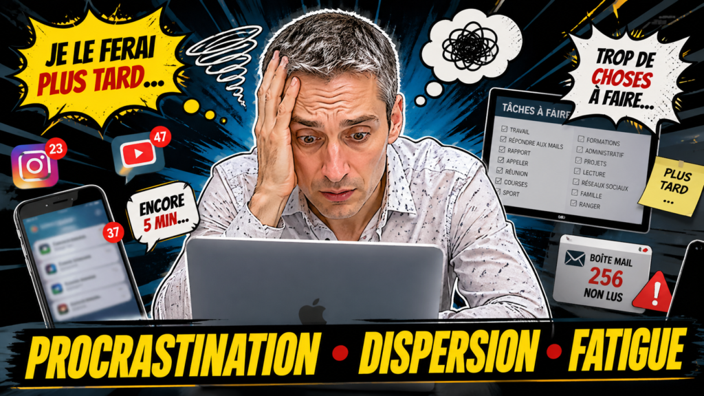 Xavier Foucher submergé par les écrans, les pensées et les notifications dans la bande-annonce de sa chaîne YouTube Coach Anti-Procrastination, pour illustrer la procrastination, la dispersion et la fatigue.