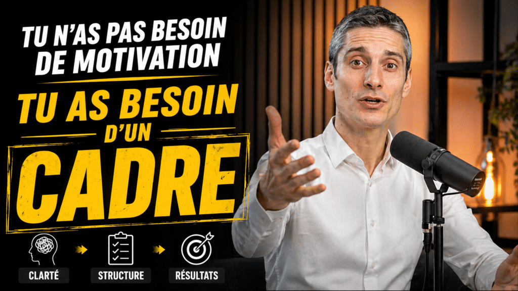 Xavier Foucher face caméra dans la bande-annonce de sa chaîne YouTube Coach Anti-Procrastination, avec un message fort sur le cadre, la régularité et le passage à l’action.
