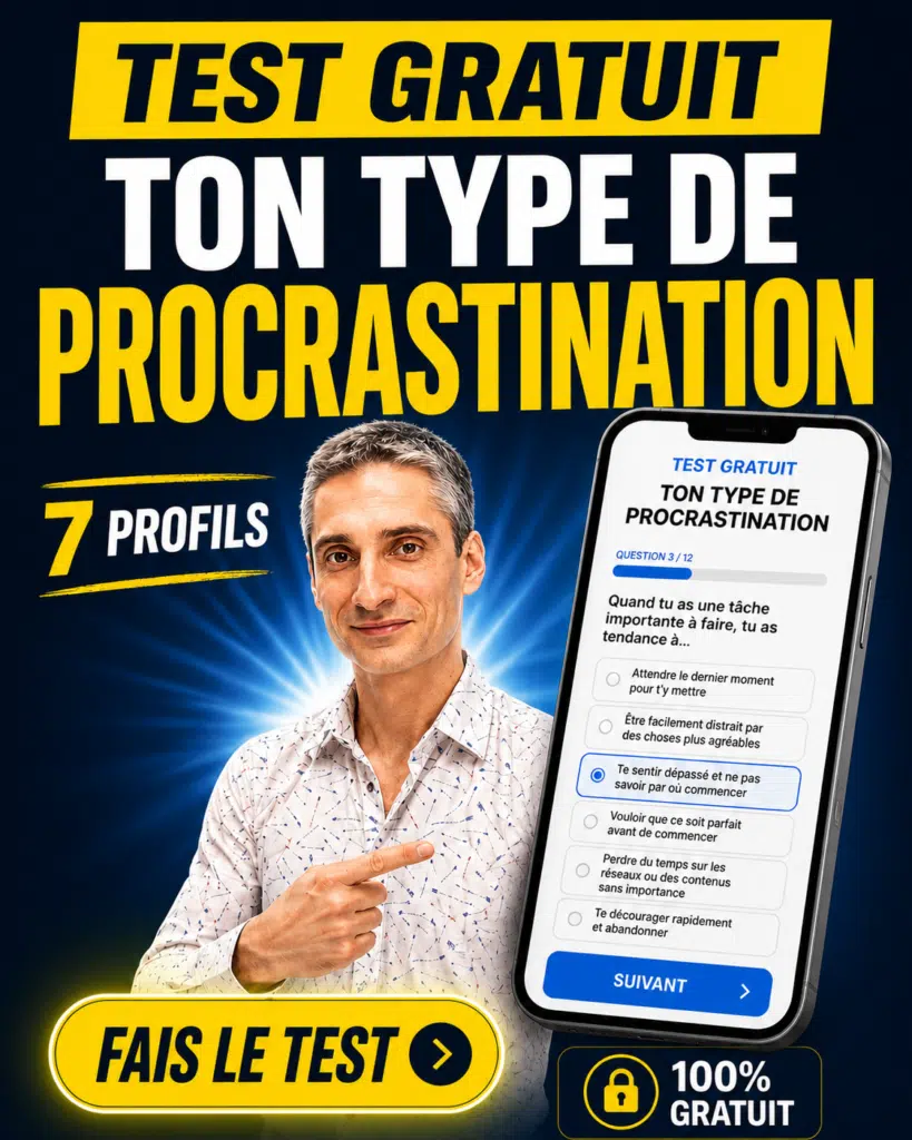 Visuel du test gratuit de Xavier Foucher pour découvrir son type de procrastination parmi 7 profils, avec un aperçu du questionnaire sur smartphone et un appel à faire le test.