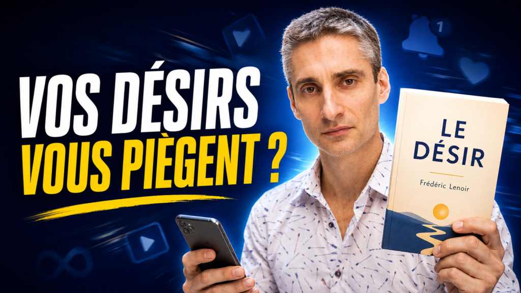 Vignette YouTube montrant Xavier Foucher avec un smartphone et un livre sur le désir, illustrant le conflit entre distraction immédiate, réflexion profonde et procrastination.