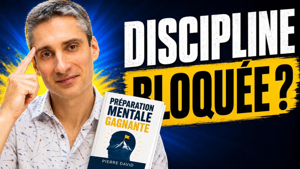 Xavier Foucher avec le livre Préparation mentale gagnante de Pierre David, sur une image illustrant le thème “Discipline bloquée ?” et la dépolarisation.