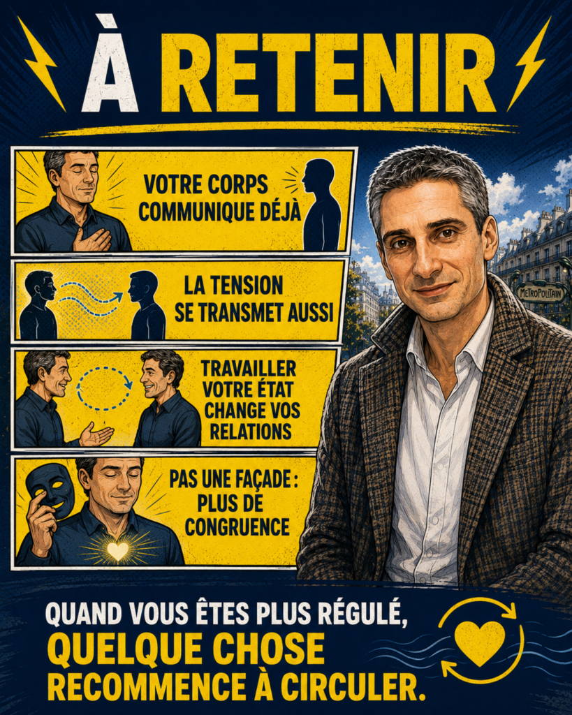 BD récapitulative montrant Xavier Foucher expliquant que le corps communique l’état intérieur à travers la posture, le regard, la voix, la respiration et les tensions, avec un lien vers les blocages et la procrastination.

