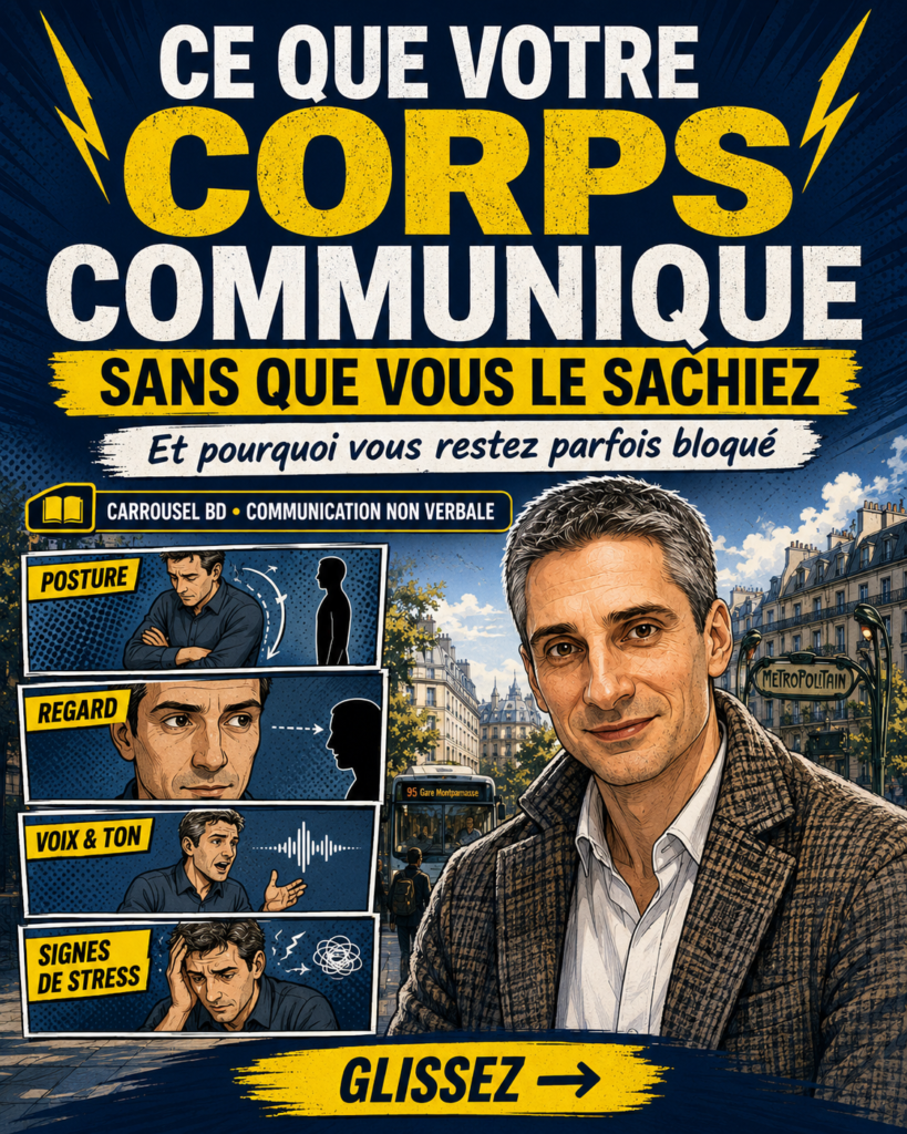 BD montrant Xavier Foucher expliquant que le corps communique sans les mots, à travers la posture, le regard, la voix, la respiration, la tension et l’état intérieur.
