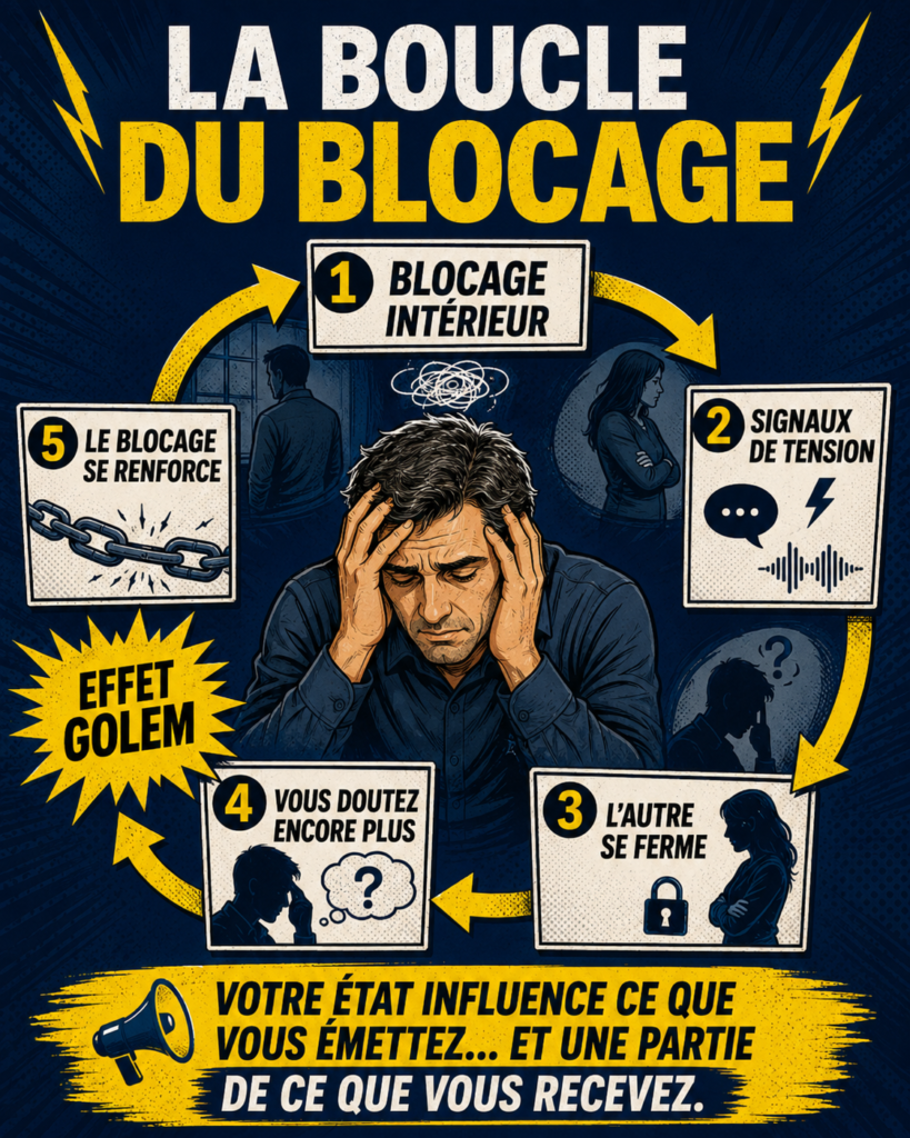 BD montrant Xavier Foucher expliquant la boucle du blocage, où stress, doute, posture fermée et réactions des autres peuvent renforcer la procrastination, la perte de confiance et l’isolement.
