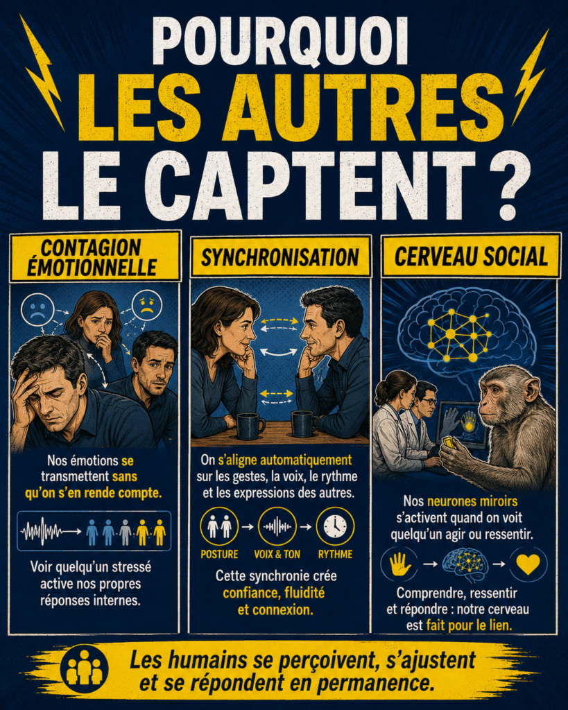 BD montrant Xavier Foucher expliquant pourquoi les autres peuvent percevoir notre état intérieur à travers la posture, le regard, la voix, la tension corporelle et la communication non verbale.
