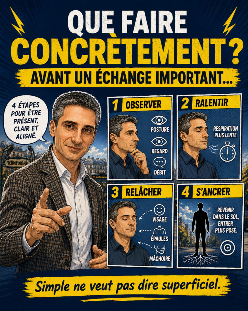 BD montrant Xavier Foucher expliquant des actions concrètes pour mieux réguler son état intérieur avant un échange important : respirer, relâcher le corps, ralentir, s’ancrer et retrouver une posture plus ouverte.

