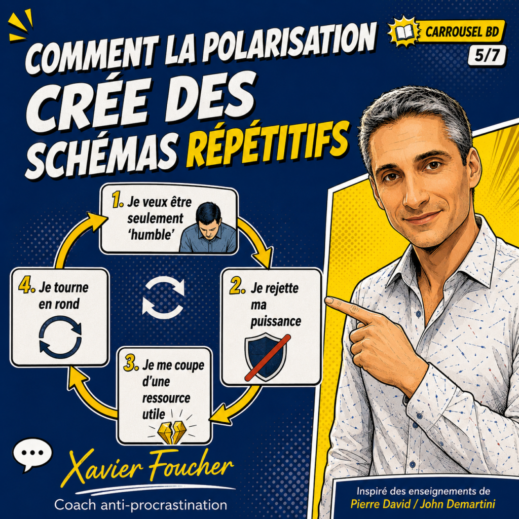 Illustration BD montrant comment la polarisation crée des schémas répétitifs : vouloir être uniquement humble, rejeter sa puissance, perdre une ressource utile puis tourner en rond.
