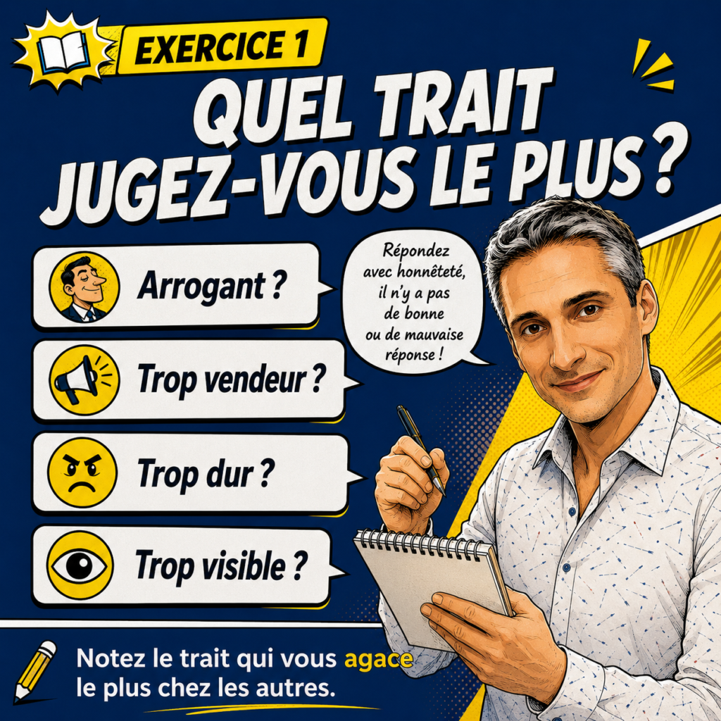 Illustration BD de l’exercice de dépolarisation : Xavier Foucher invite à identifier le trait que l’on juge le plus chez les autres, comme l’arrogance, la vente, la dureté ou la visibilité.