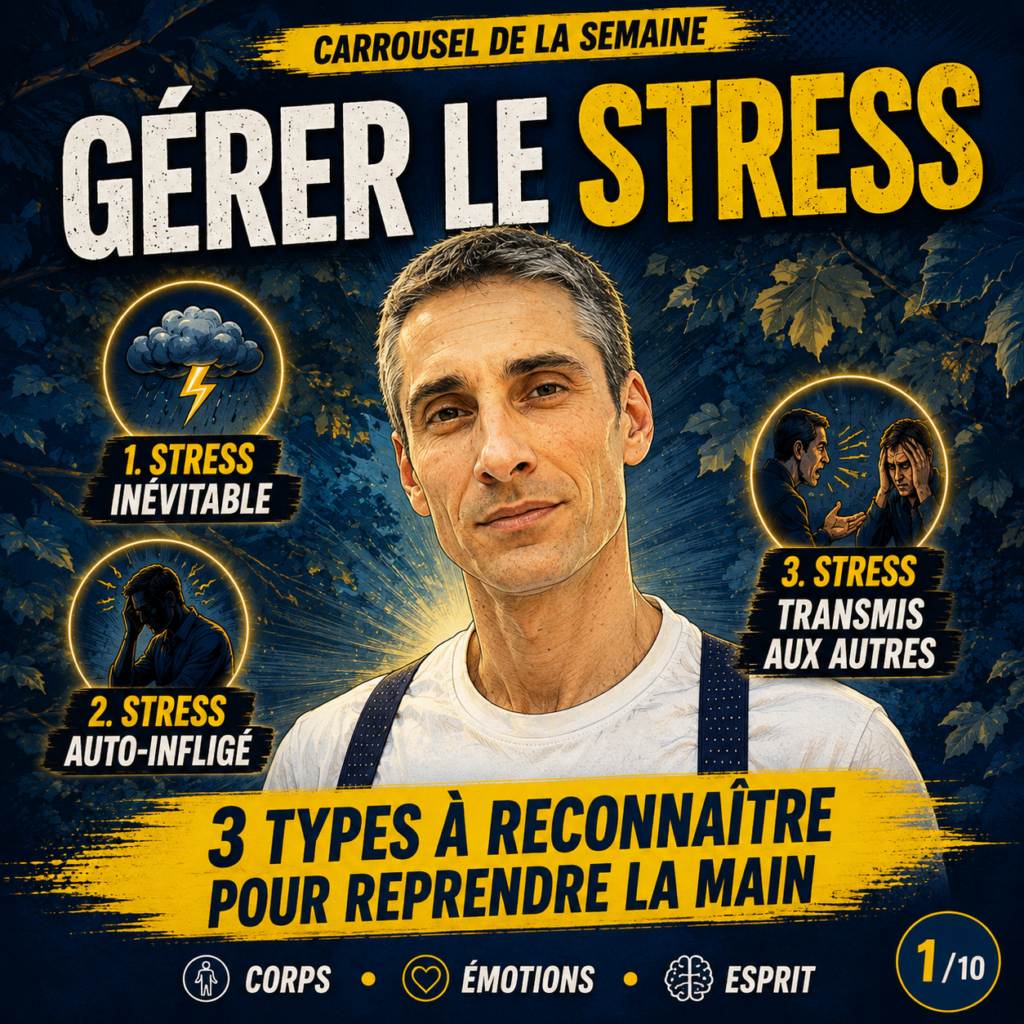 Carrousel Instagram montrant Xavier Foucher expliquant comment gérer le stress en distinguant le stress inévitable, le stress auto-infligé et le stress transmis aux autres.