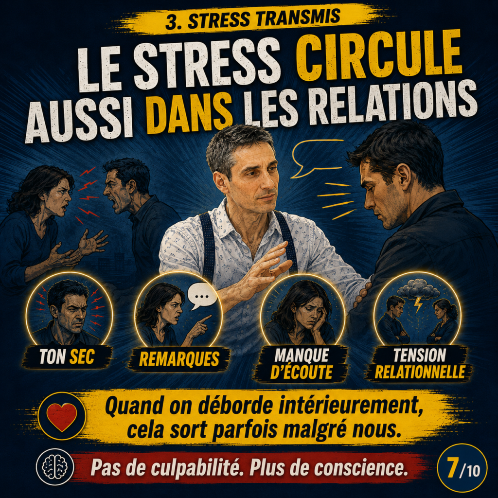 Image expliquant que le stress peut se transmettre aux autres par le ton sec, les remarques, le manque d’écoute ou la tension relationnelle.