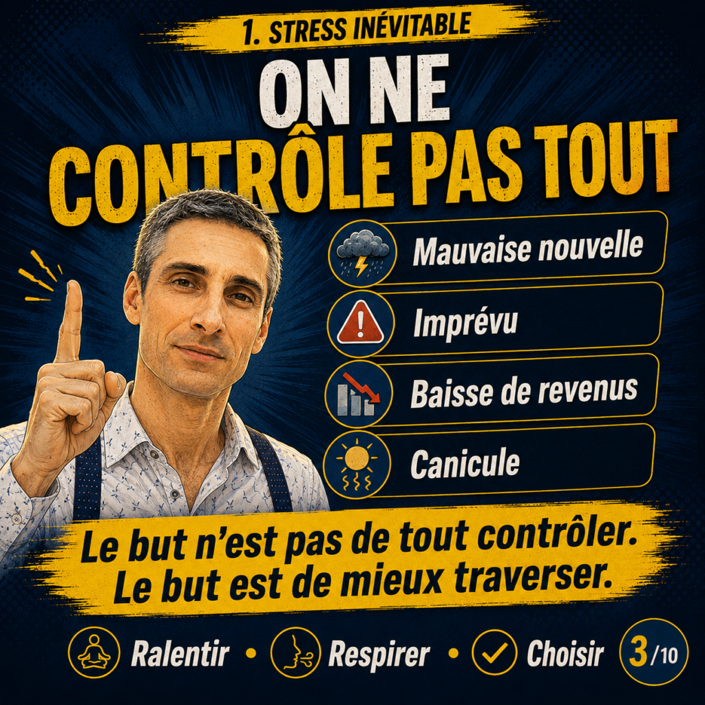 Image sur le stress inévitable montrant Xavier Foucher expliquant comment gérer le stress lié aux imprévus, mauvaises nouvelles, baisse de revenus ou canicule.