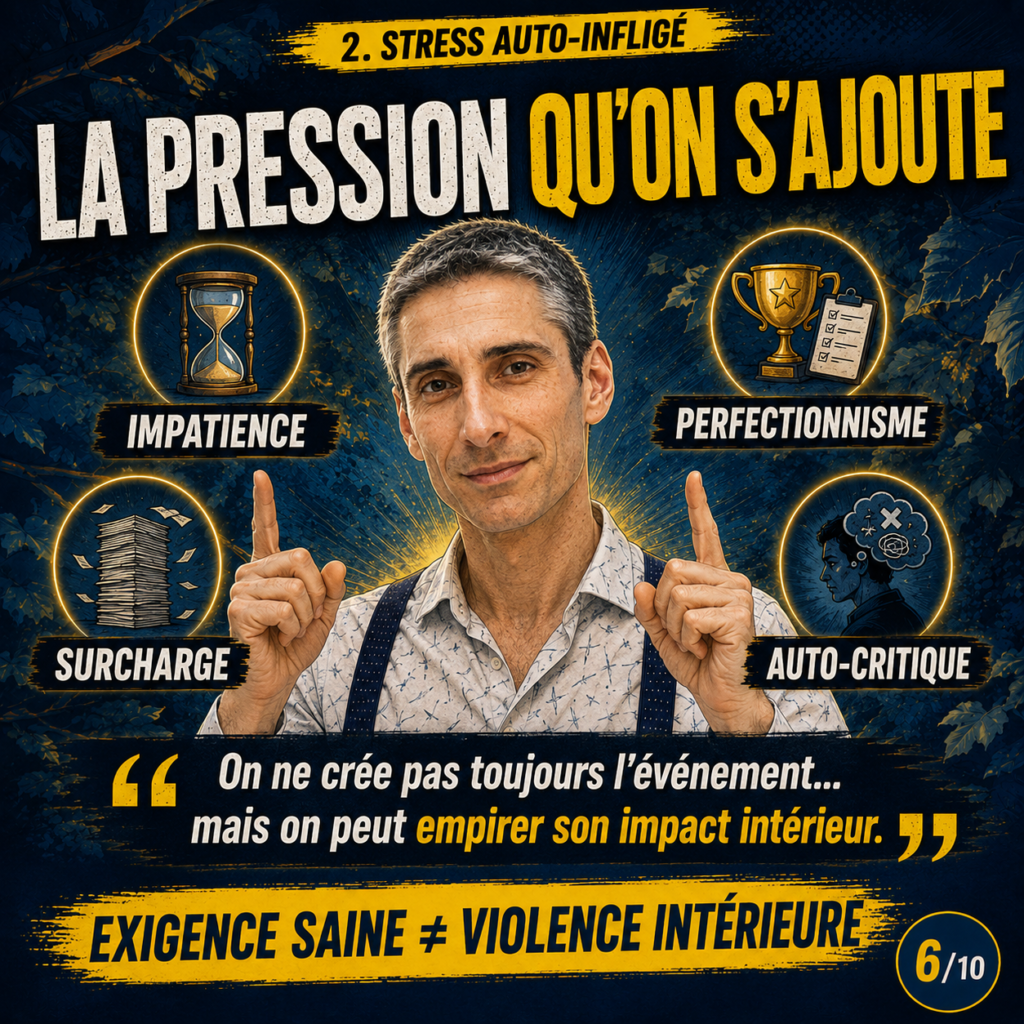 Illustration du stress auto-infligé avec impatience, perfectionnisme, surcharge et auto-critique, pour apprendre à gérer le stress intérieur.