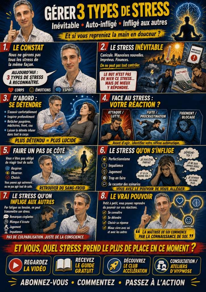 Bande dessinée expliquant comment gérer le stress avec Xavier Foucher, en distinguant le stress inévitable, le stress auto-infligé et le stress infligé aux autres grâce à la relaxation, l’hypnose et la connaissance de soi.
