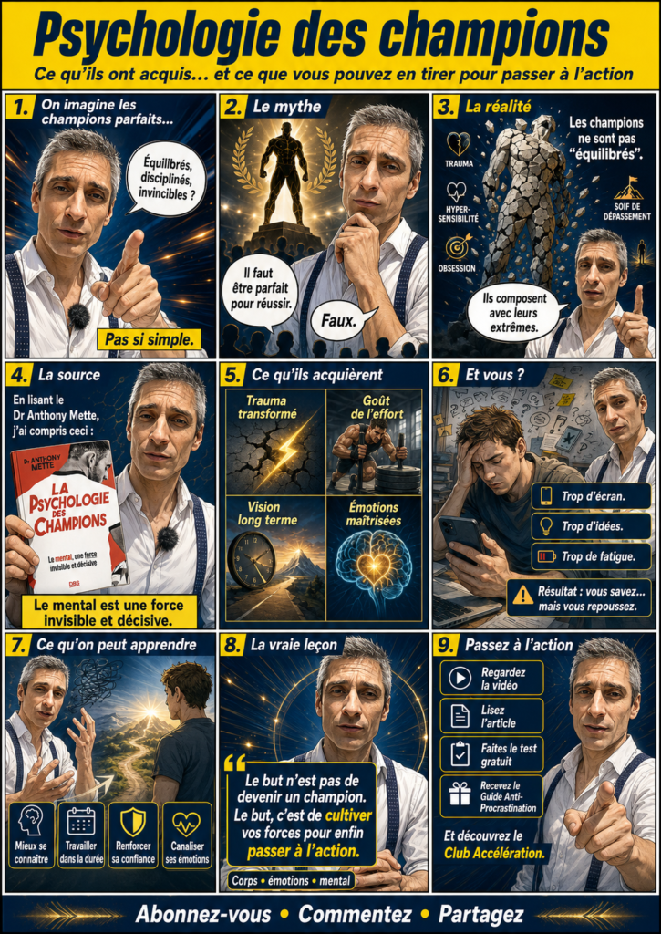 Bande dessinée sur les caractéristiques des champions, inspirée du livre La Psychologie des Champions du Dr Anthony Mette, avec Xavier Foucher expliquant l’action, l’équilibre et la progression.
