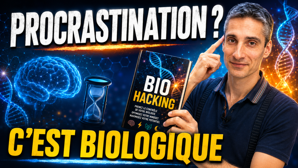 Vignette BD montrant Xavier Foucher avec le livre Biohacking, un cerveau lumineux et la phrase “Procrastination ? C’est biologique”, pour illustrer le lien entre énergie, alimentation, cerveau et passage à l’action.