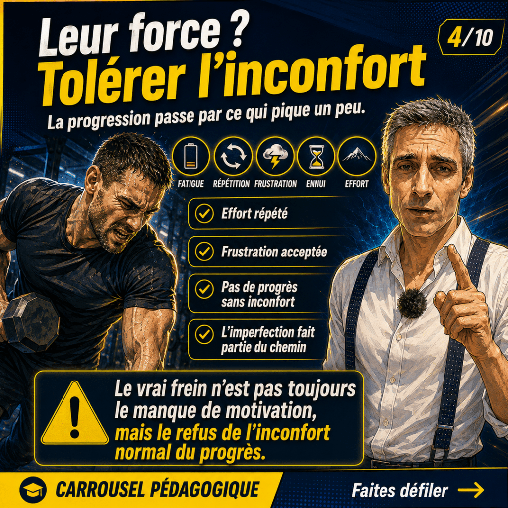 Illustration sur les caractéristiques des champions montrant l’effort répété, la frustration et l’inconfort du progrès.