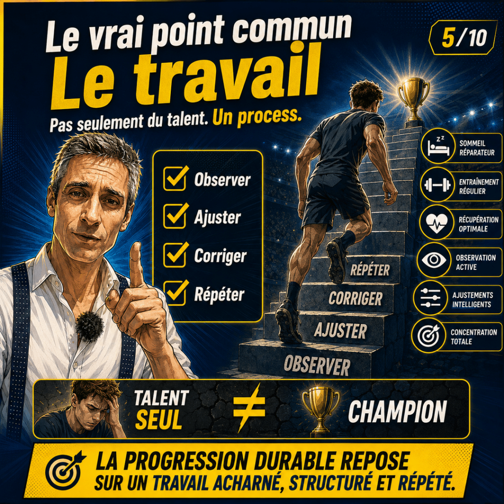 Image expliquant que les caractéristiques des champions reposent sur le travail, l’observation, l’ajustement et la répétition.