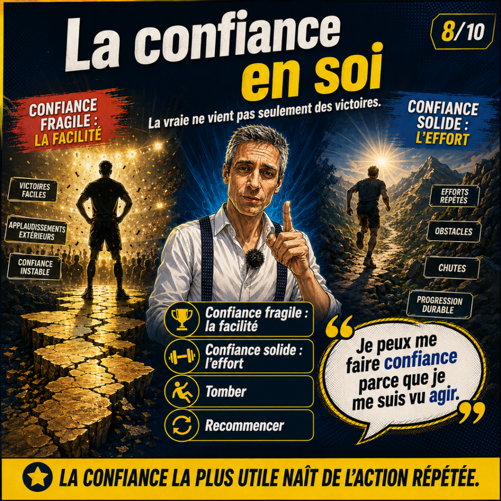 Illustration montrant que les caractéristiques des champions incluent une confiance construite par l’action répétée.