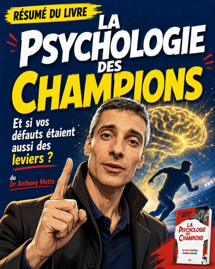 Illustration BD sur la psychologie des champions, avec Xavier Foucher, un cerveau lumineux et le livre du Dr Anthony Mette.