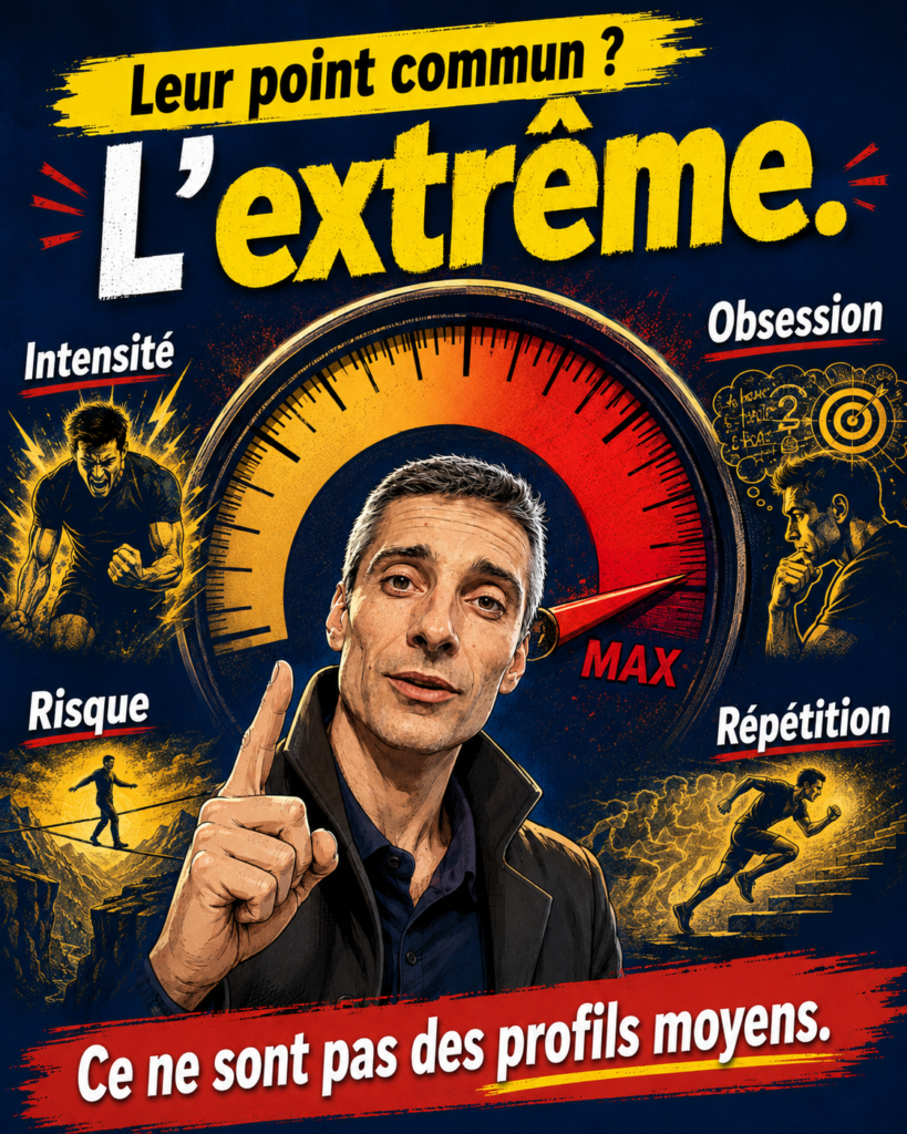 Illustration BD sur les traits extrêmes des champions : intensité, obsession, risque et répétition.