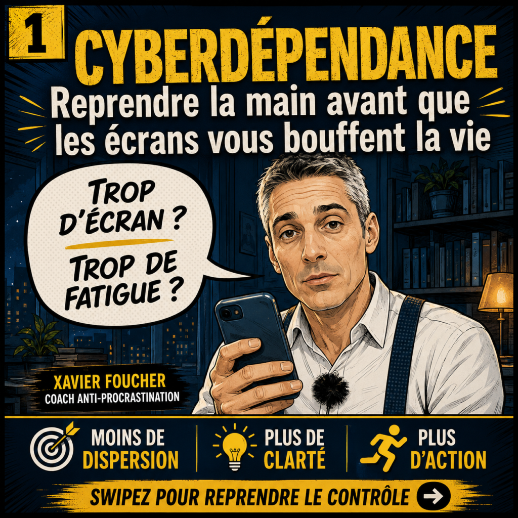 Illustration de Xavier Foucher expliquant comment la cyberdépendance peut voler du temps, de l’énergie et du sommeil, avec un smartphone en main.