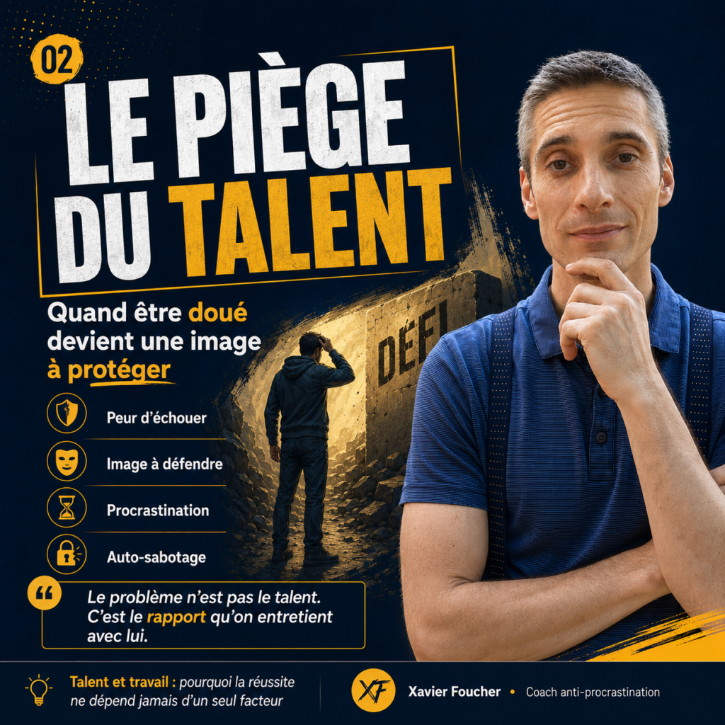 llustration expliquant le piège du talent, quand une personne douée protège son image, évite l’échec et finit par procrastiner.