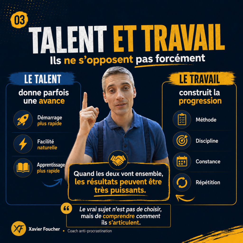Image montrant que talent et travail peuvent agir ensemble : le talent donne une avance, le travail construit la progression, la méthode et la constance.