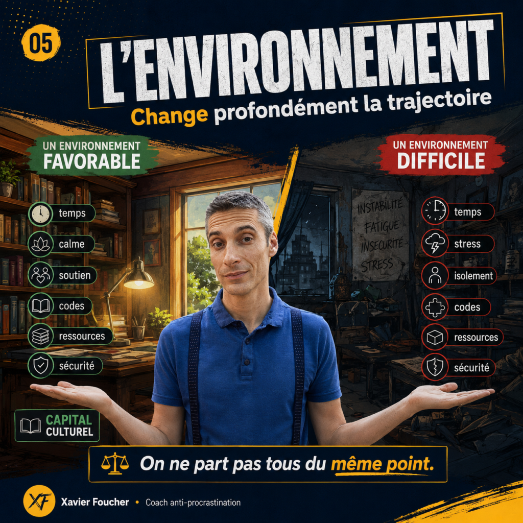 Image comparant un environnement favorable et un environnement difficile pour montrer l’impact du contexte sur le talent, le travail et la réussite.